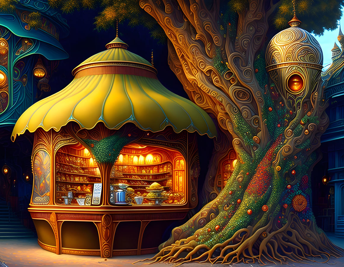 Fantasy treehouse with vibrant colors and ornate patterns