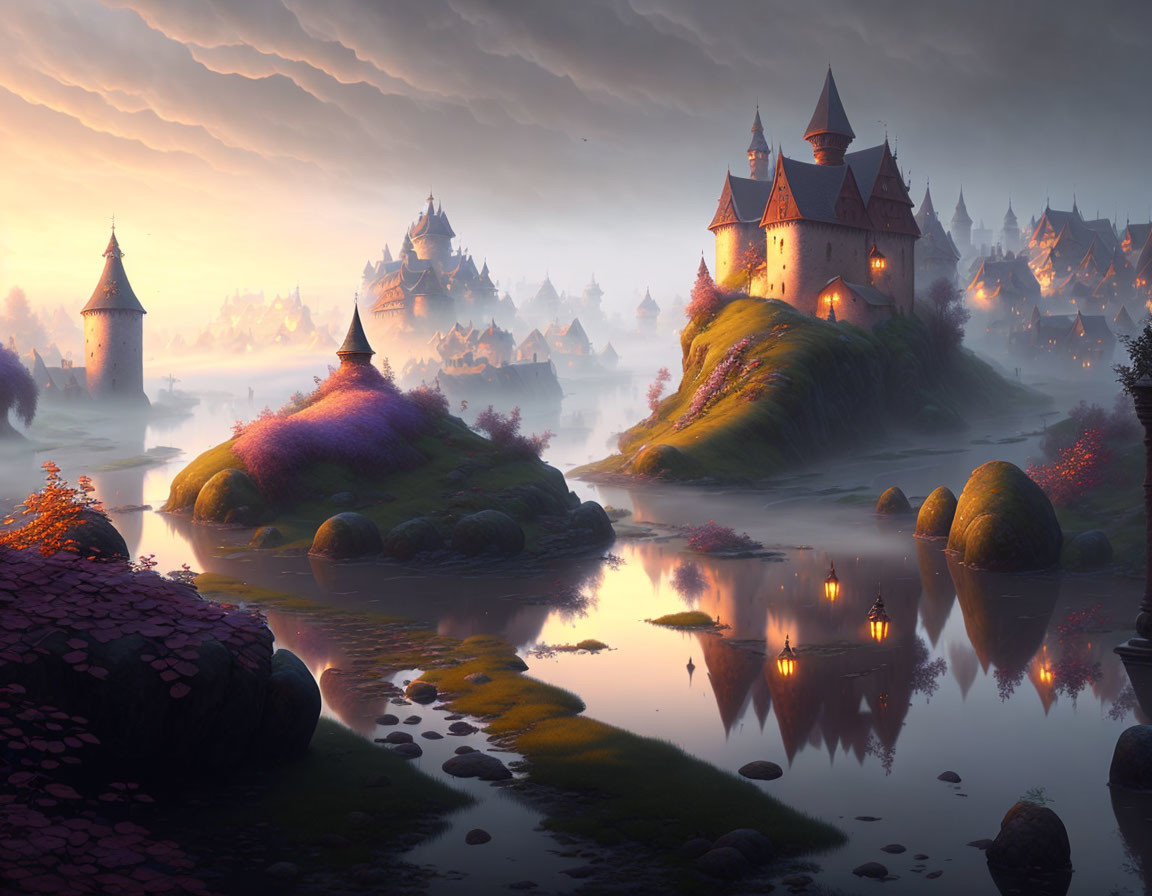 Fantasy landscape with castles on hills at dusk.