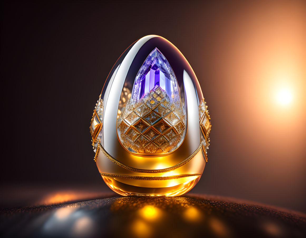 Golden Egg with Jeweled Accents and Transparent Window Revealing Intricate Structure