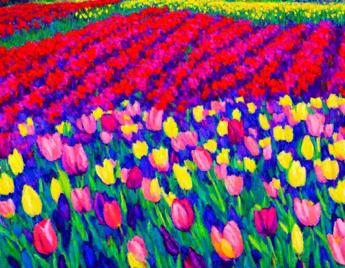 Colorful impressionist tulip field painting with vibrant red, pink, yellow, and purple flowers.