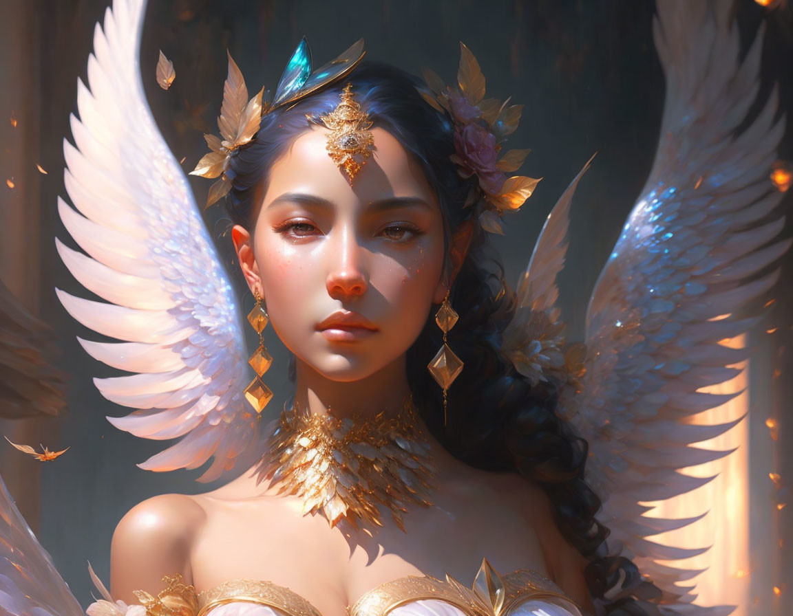 Serene angel with white wings and golden jewelry in soft light