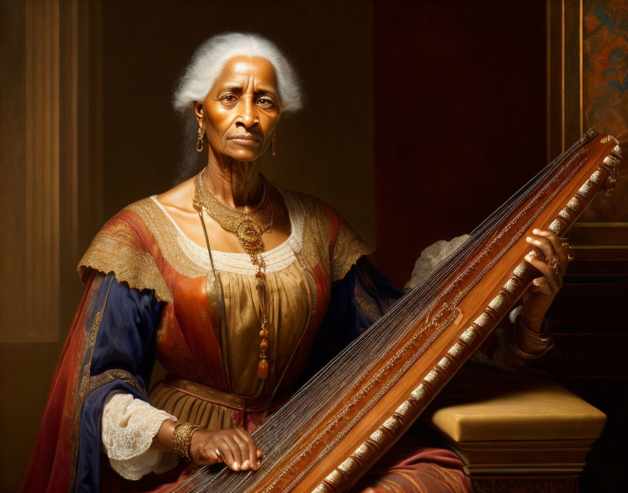 Elderly Woman Playing Harp in Regal Costume