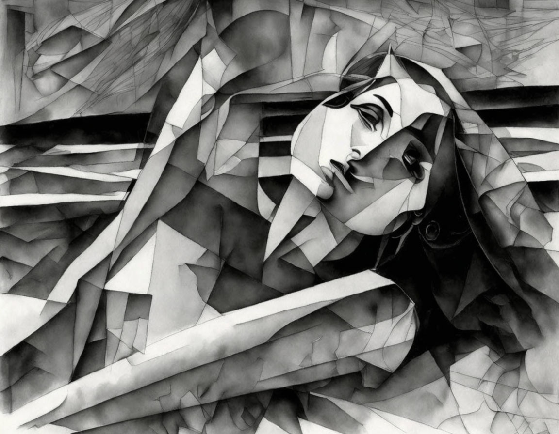 Monochrome Cubist-Style Artwork of Fragmented Female Face