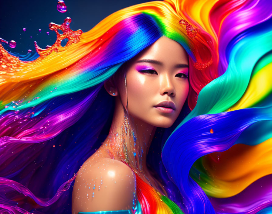 Vibrant Rainbow-Colored Hair Woman on Dark Background