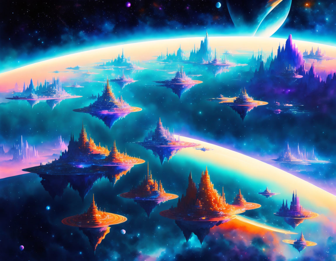 Vibrant sci-fi illustration: Floating islands, futuristic structures, cosmic backdrop.