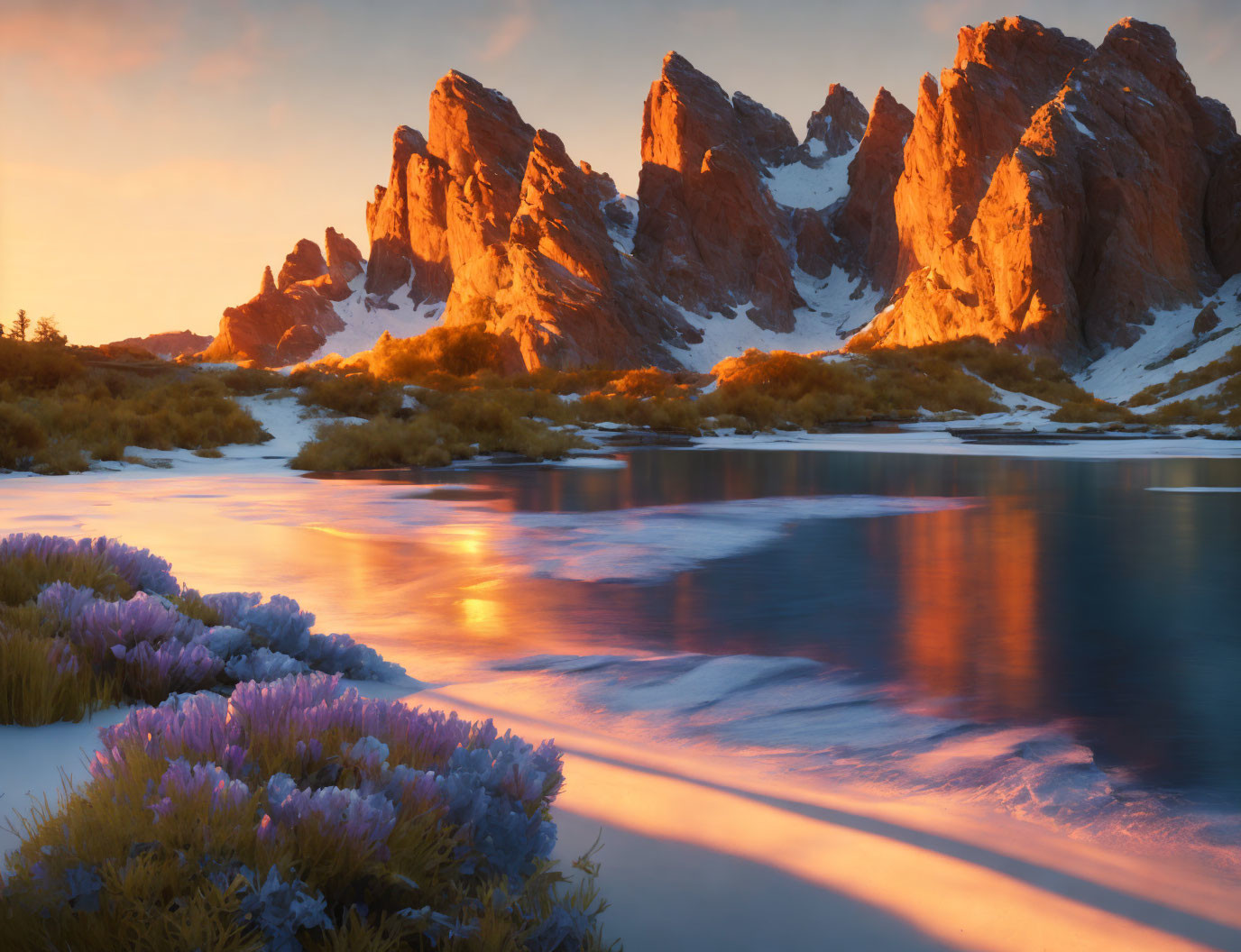 Scenic sunset over rugged mountain peaks and serene waters with purple wildflowers.