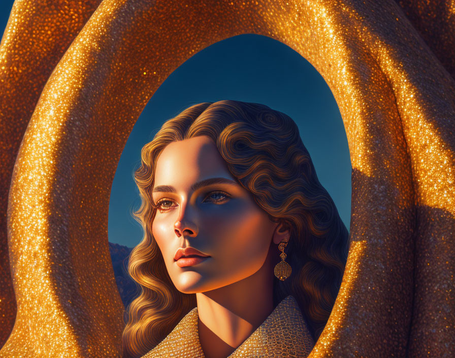 Illustrated portrait of woman with wavy hair in golden attire against blue oval backdrop