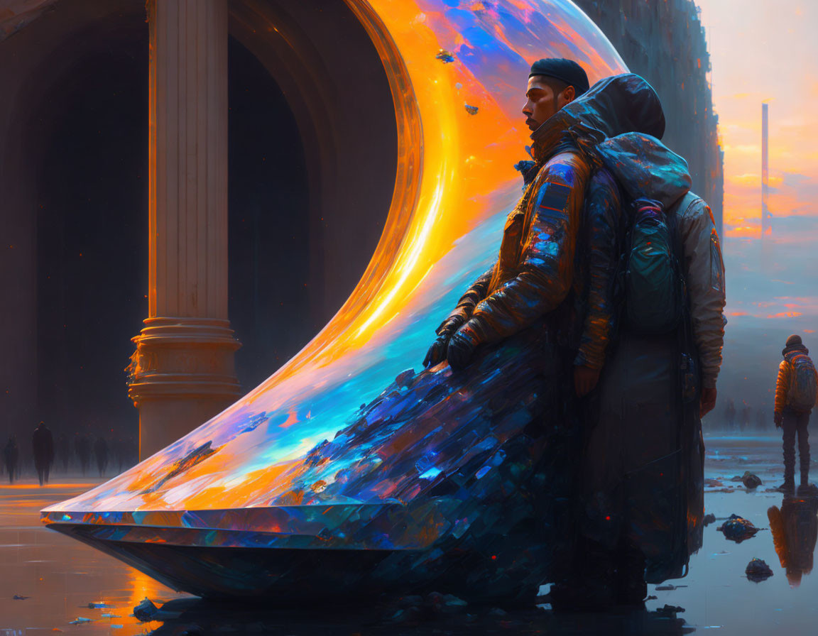 Futuristic individuals admire iridescent wave sculpture in cityscape