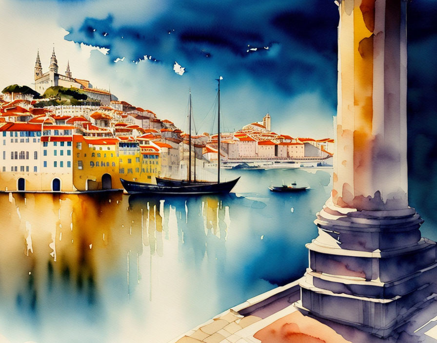 Coastal cityscape watercolor with buildings, boats, and hilltop view