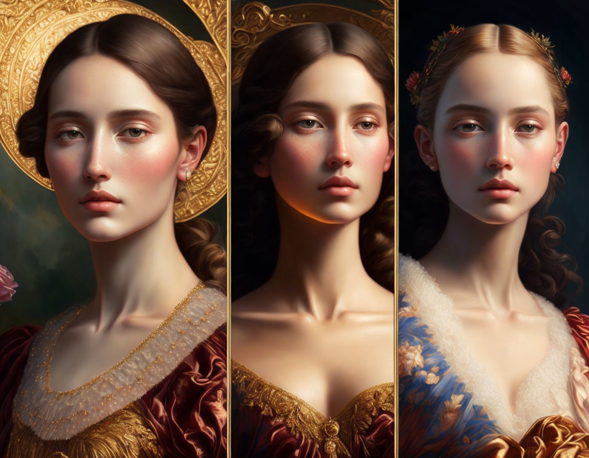 Three Renaissance-inspired woman portraits with varied poses and expressions on dark backdrop