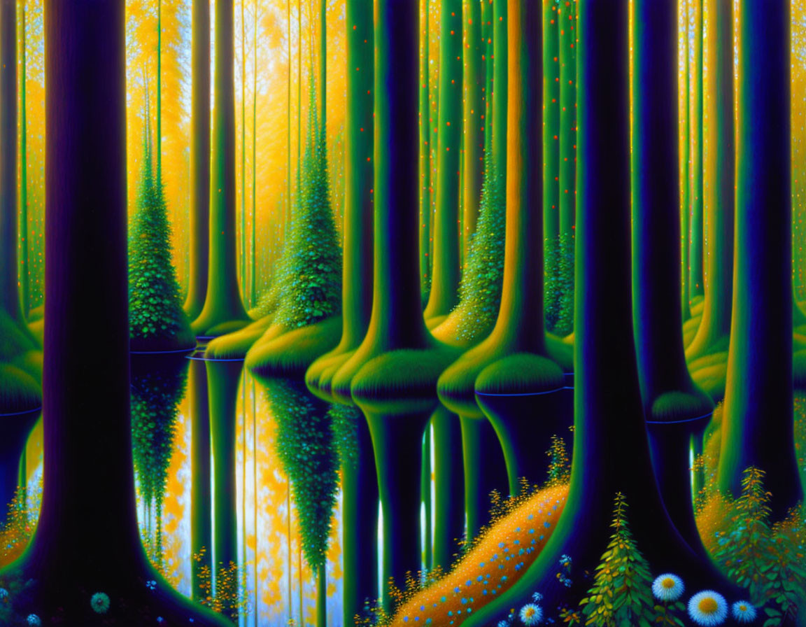 Surreal forest with tall tree trunks, glowing orbs, and vivid colors