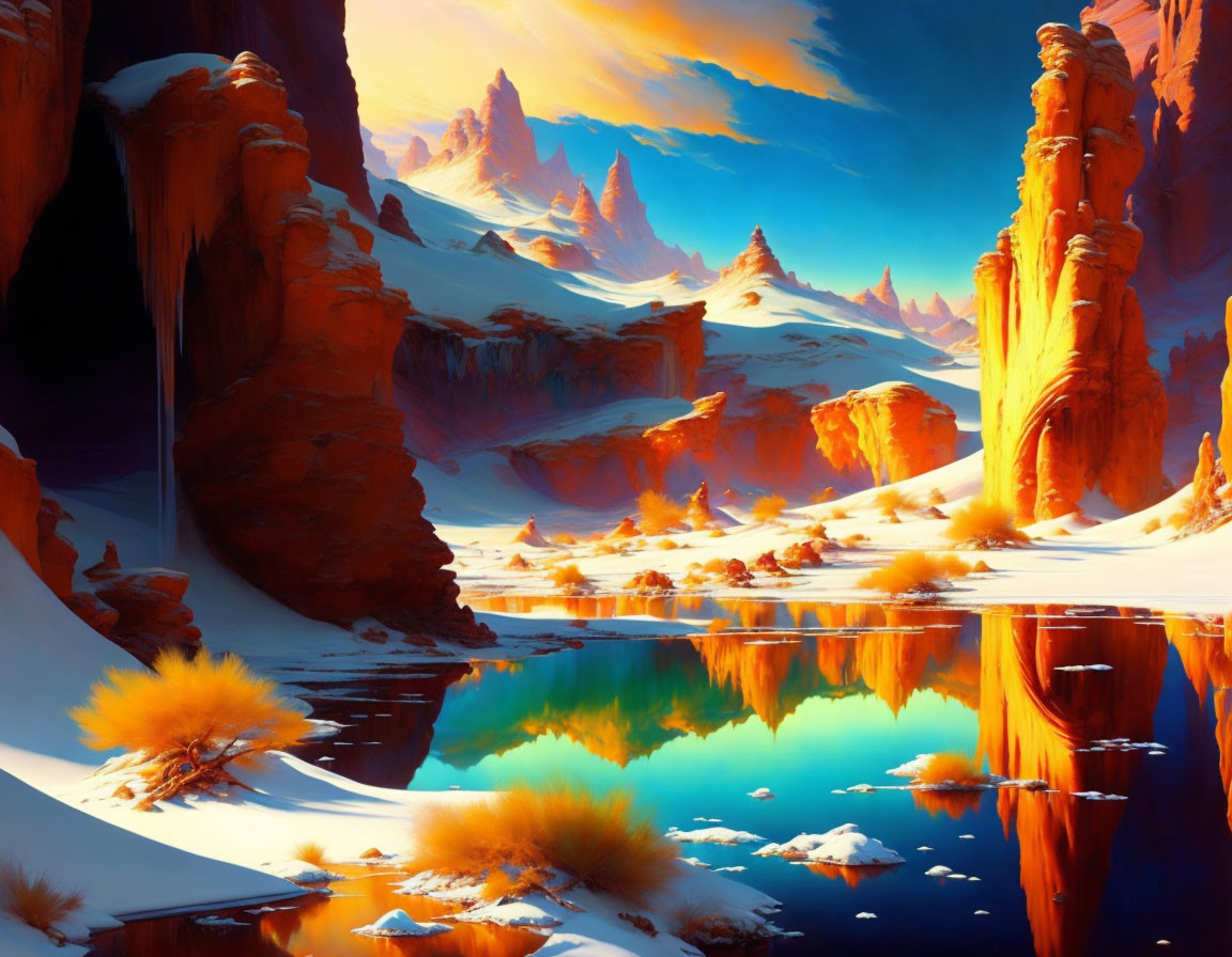 Colorful digital artwork of a fantastical canyon with red rock formations, blue water, and orange foliage