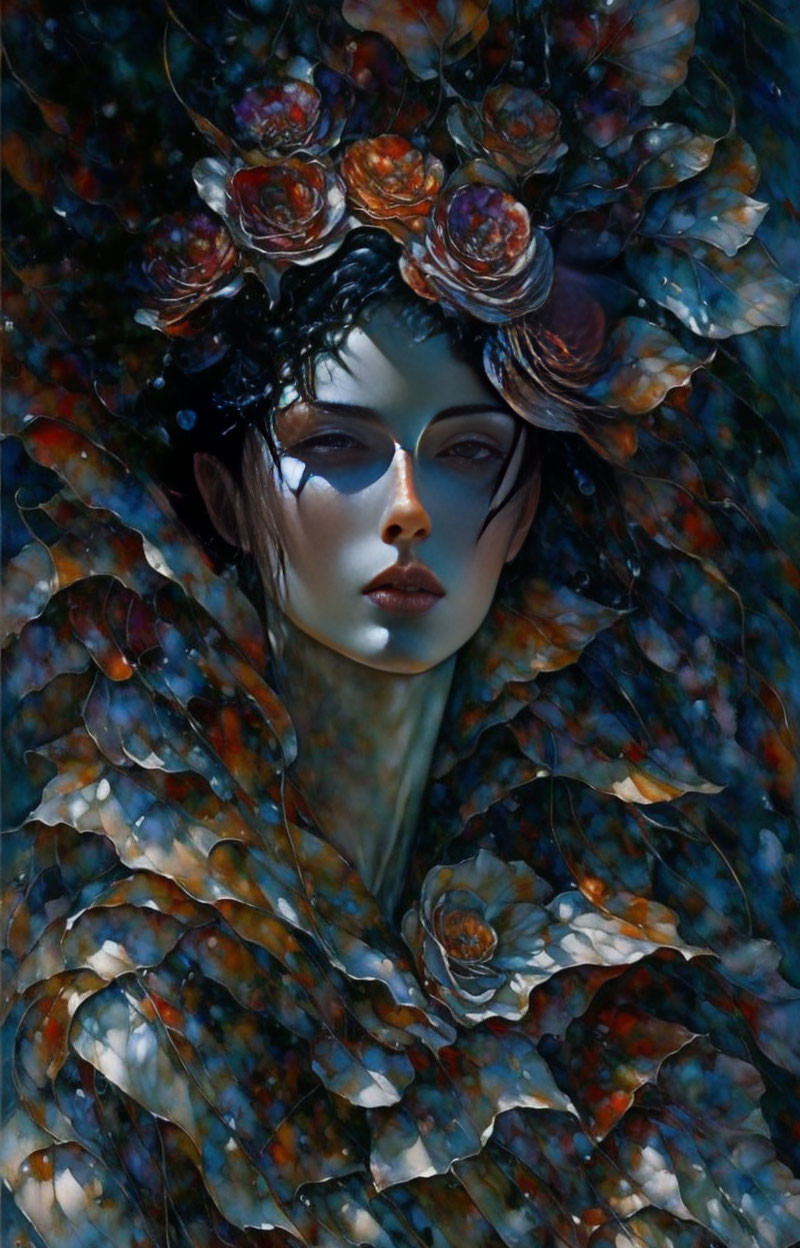 Surreal portrait of a woman with floral crown and feather-like patterns