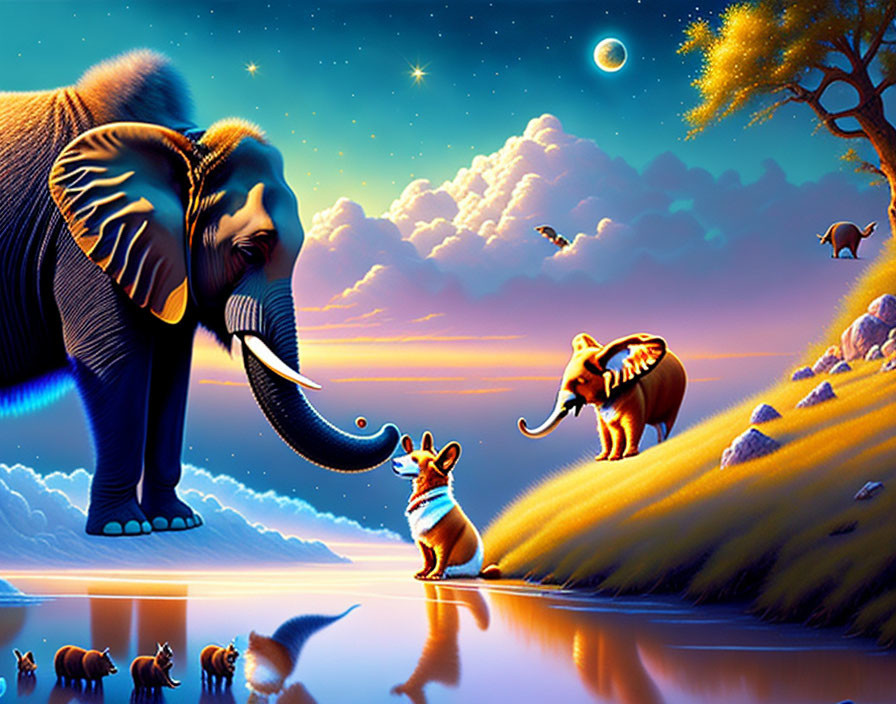 Illustration of oversized elephant and corgi on starlit hillside