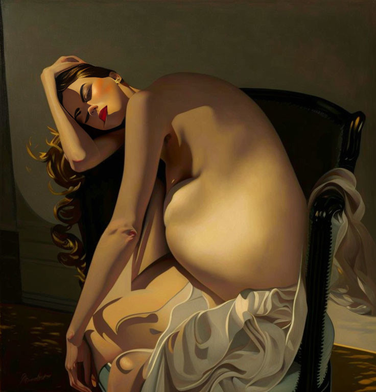 Woman reclining on black chair with white fabric in warm-lit room