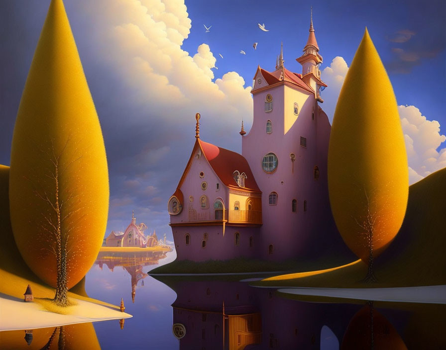 Fairytale castle illustration with pointy towers and golden sunset sky