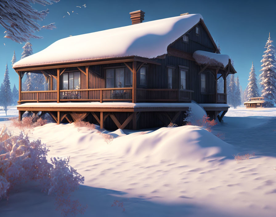 Winter Landscape: Snow-Covered Cabin and Frosted Trees