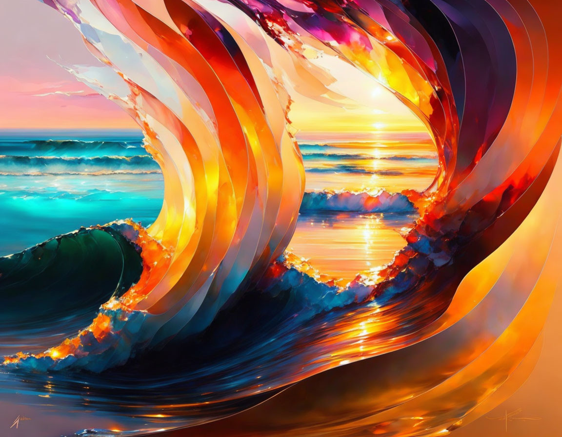 Colorful Stylized Wave Blending into Ocean Sunset