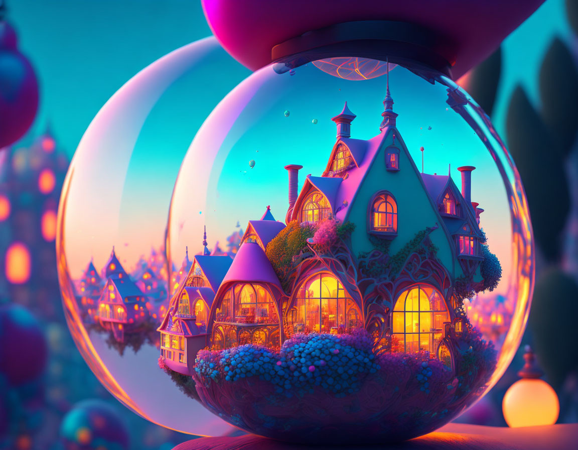 Fantasy village illustration with glowing bubble houses at twilight