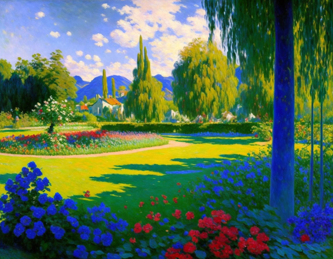 Colorful garden painting with blue, red, and green hues, flowerbeds, house, and