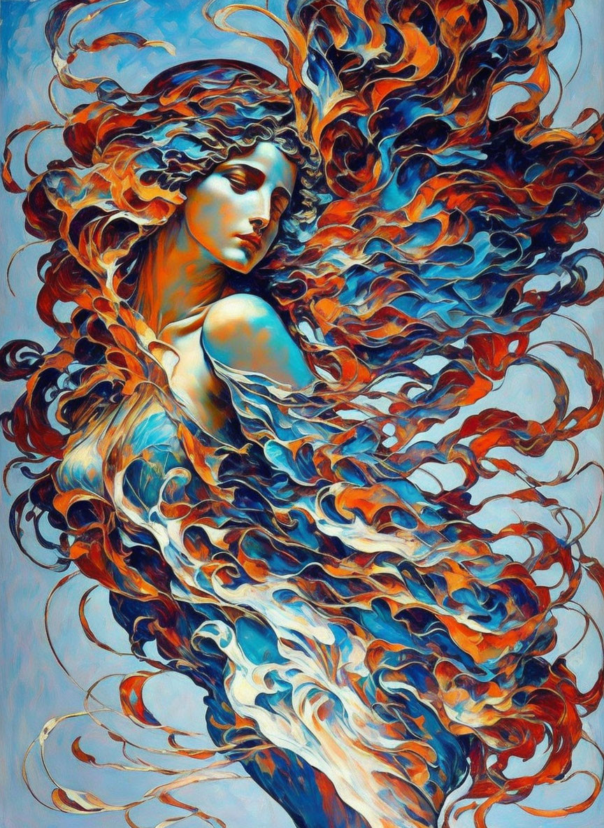 Vibrant Artwork: Woman with Blue and Orange Fiery Hair