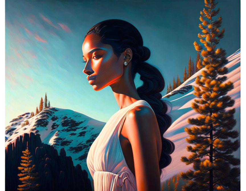 Woman with sleek hair against mountainous sunset landscape