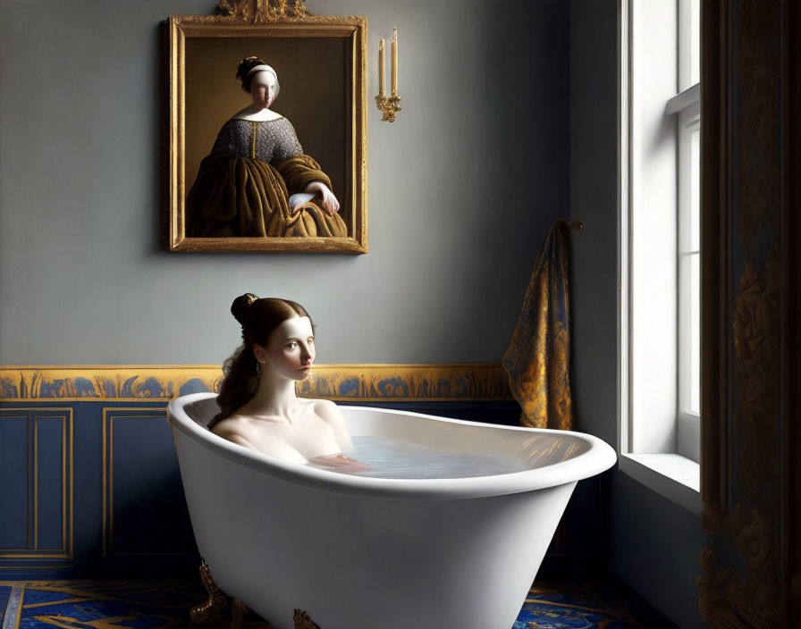 Woman relaxing in white bathtub in elegant room with blue walls