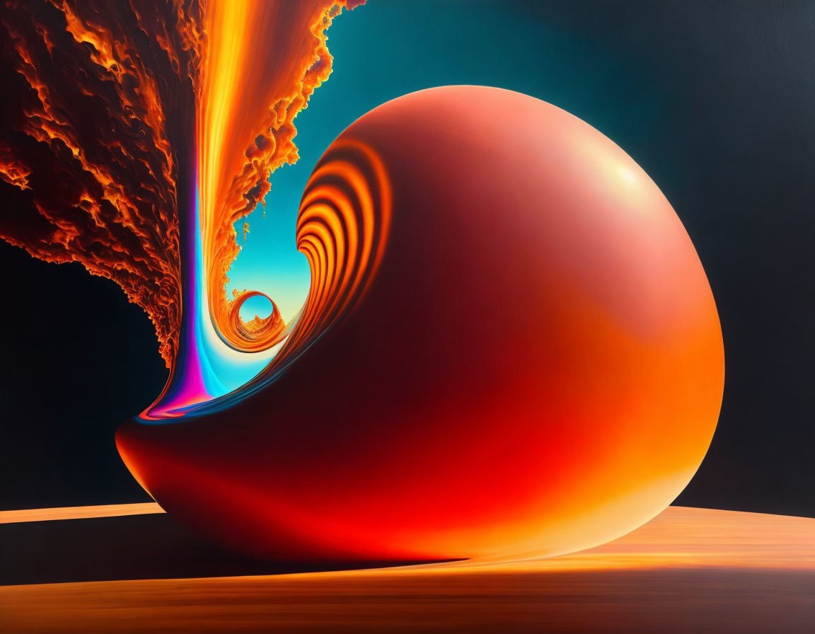 Abstract fiery orange swirl on dark background with glossy surface below