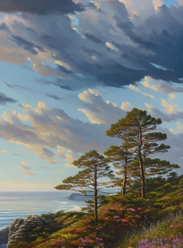 Tranquil coastal landscape: clifftop, pine trees, dramatic sky, calm sea