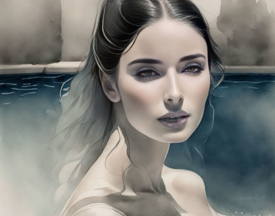 Dark-haired woman in water with striking eyes - digital painting