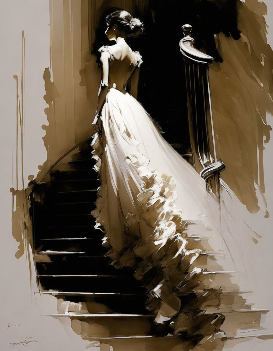 Woman in white gown on staircase with dramatic contrast and expressive brushstrokes