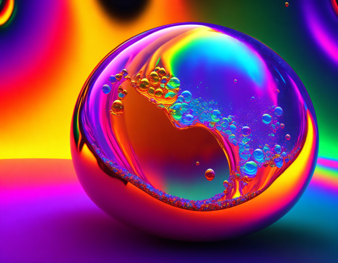 Colorful iridescent bubble with liquid formations on multicolored backdrop