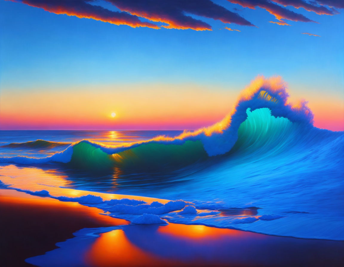 Vibrant sunset ocean wave painting with blue and orange colors