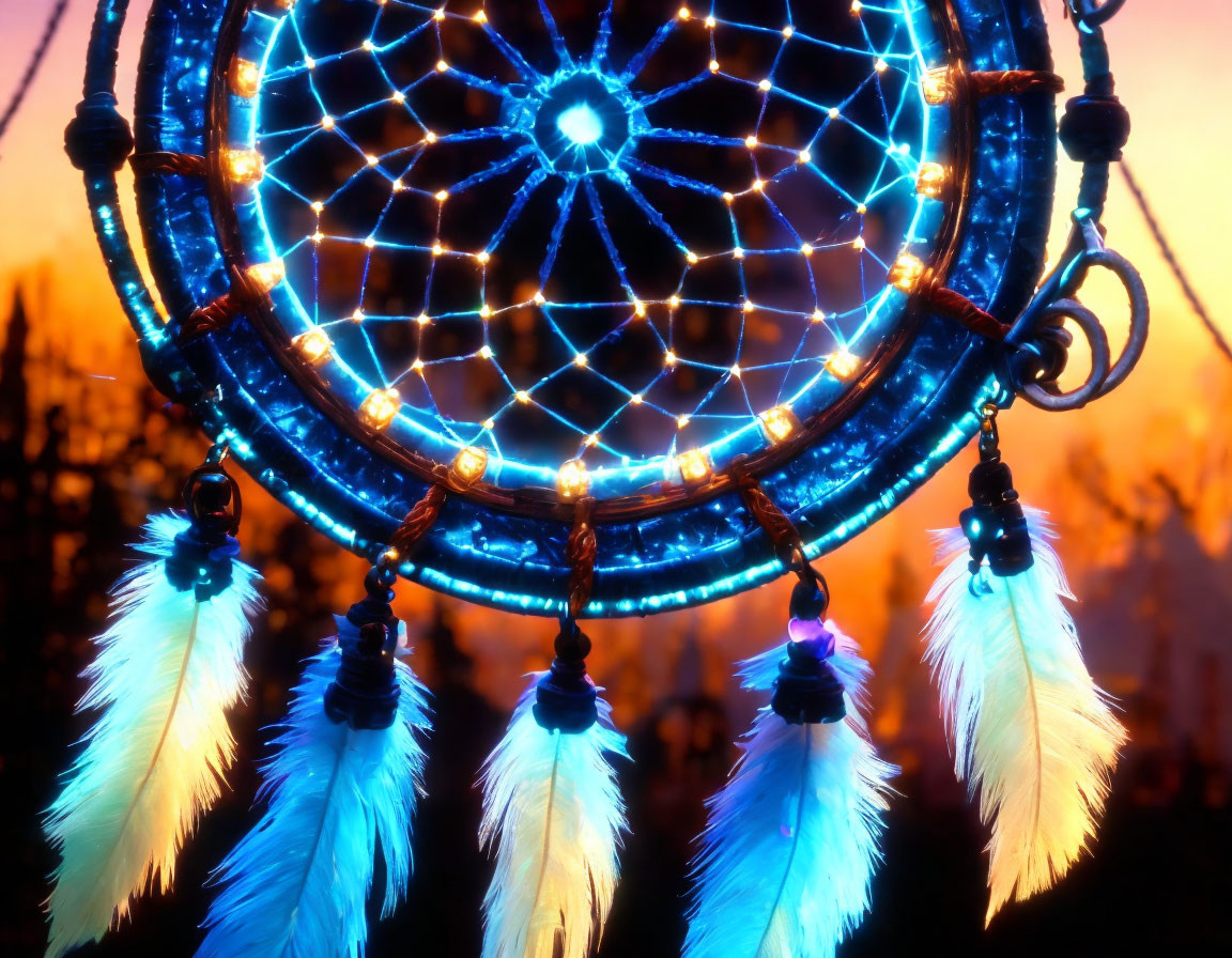 Intricate dreamcatcher with blue lights on sunset backdrop