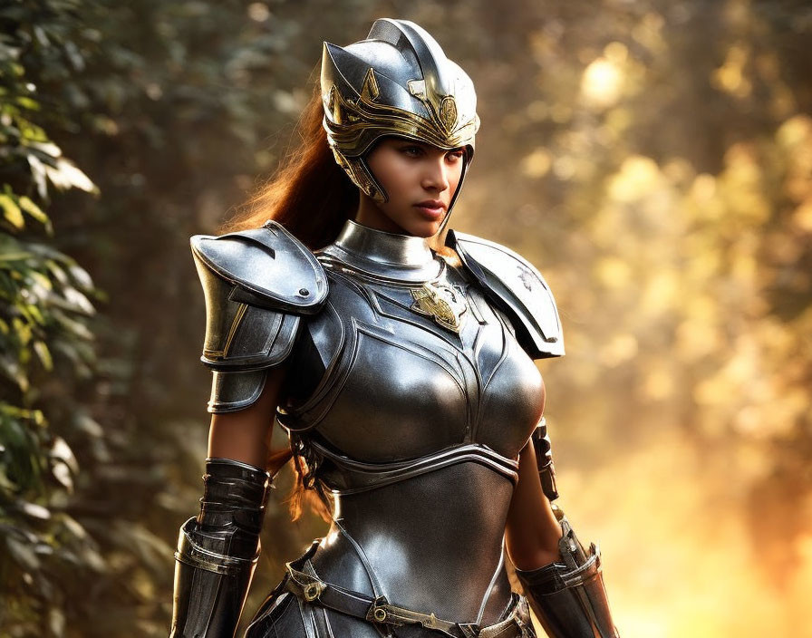 Female warrior in medieval fantasy armor standing in forest with golden light.