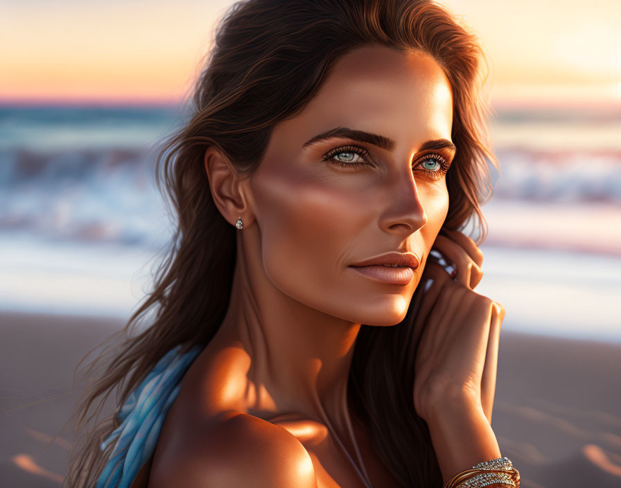 Woman with Blue Eyes and Sun-Kissed Skin on Beach at Sunset