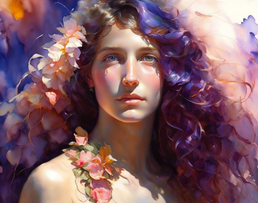 Portrait of Woman with Curly Hair and Flowers in Soft Light