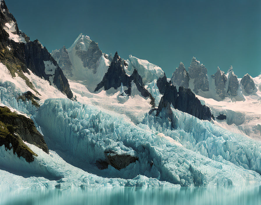 Majestic glacier with jagged ice formations and mountain peaks in clear blue sky