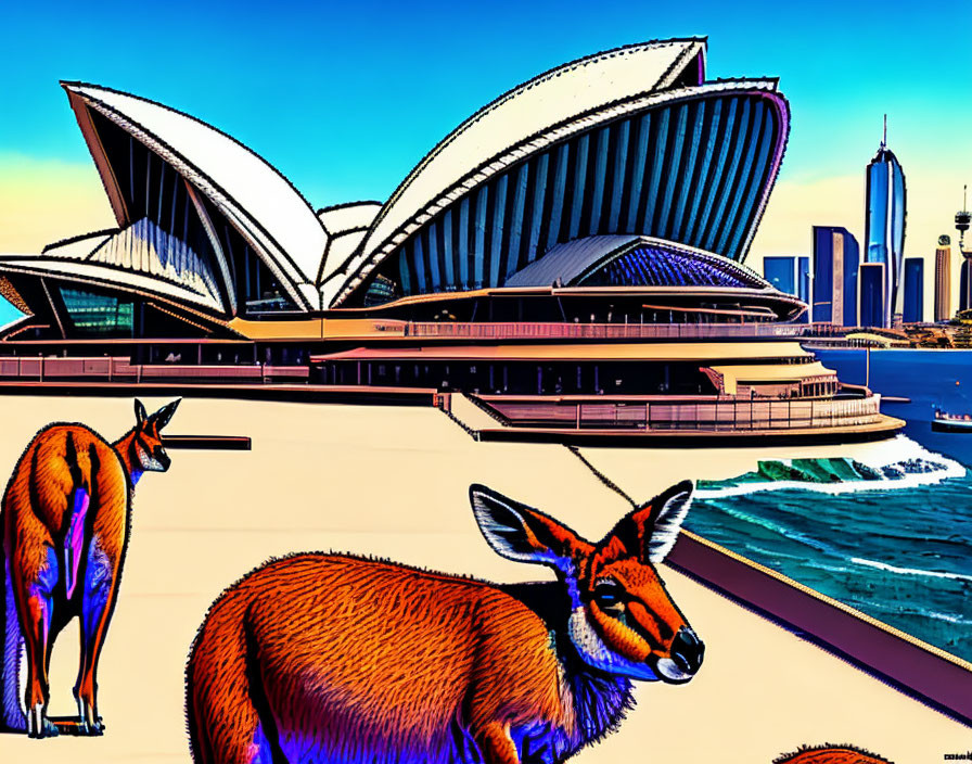 Colorful Sydney Opera House with cartoon kangaroos: Graphic Design.