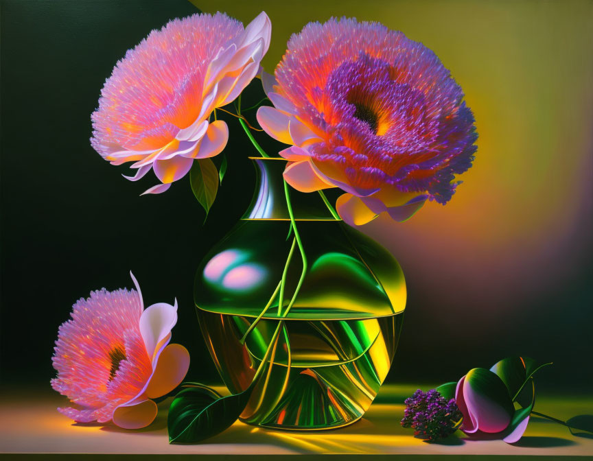 Colorful flowers in green glass vase on warm background