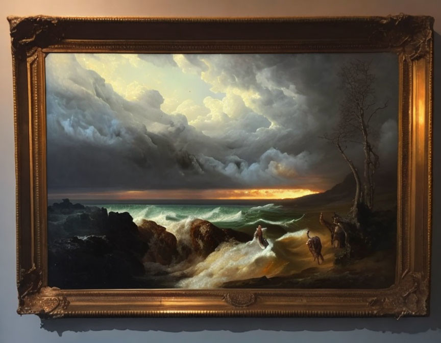 Gold-framed painting of stormy seascape with figures