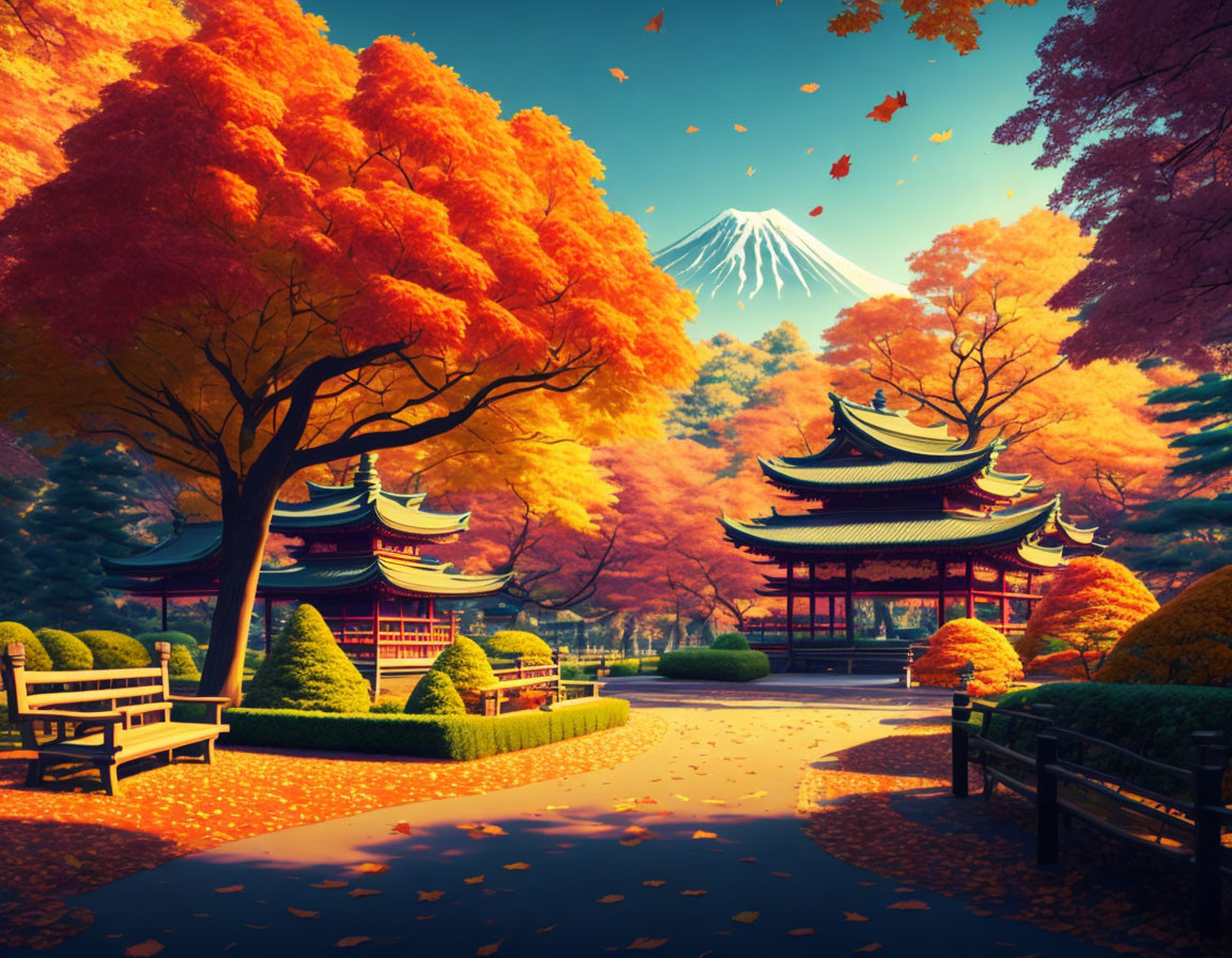 Japanese Autumn Landscape: Orange Trees, Mount Fuji, Traditional Structures