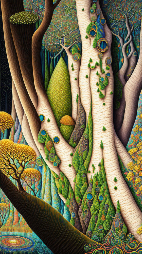 Colorful Surreal Forest Artwork with Intricate Details