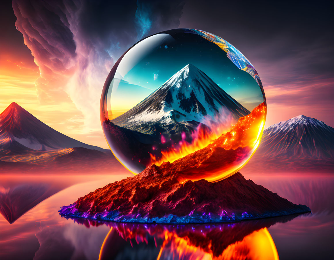 Digital artwork: Crystal ball on mound with mountain peak, dramatic sky, water reflections