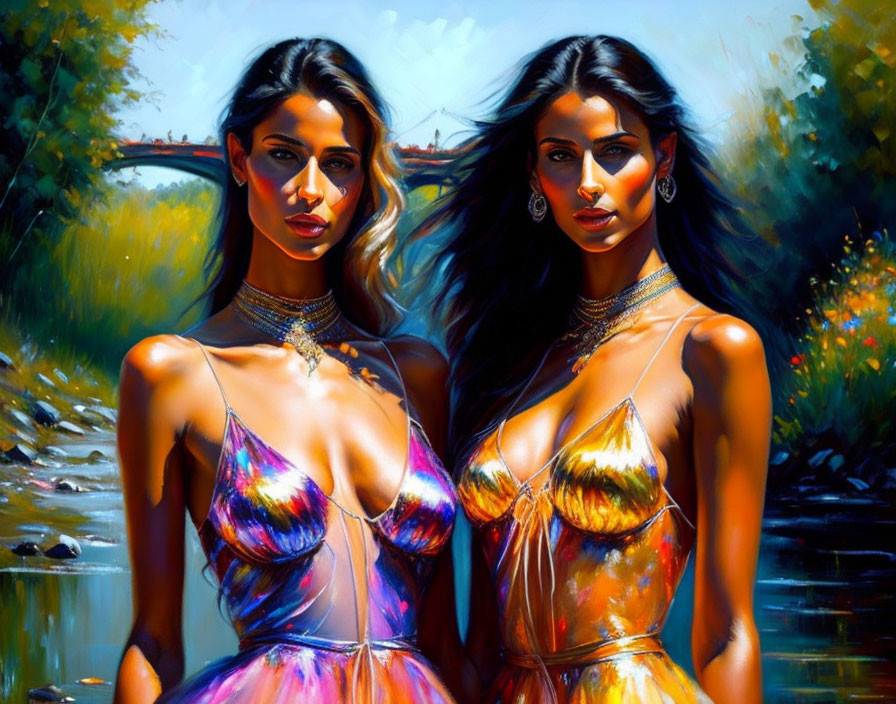 Vibrant painting of two women in golden attire against nature backdrop