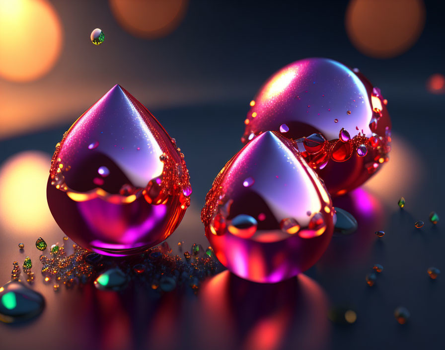 Glossy Purple and Orange Teardrop Shapes on Softly Lit Bokeh Background