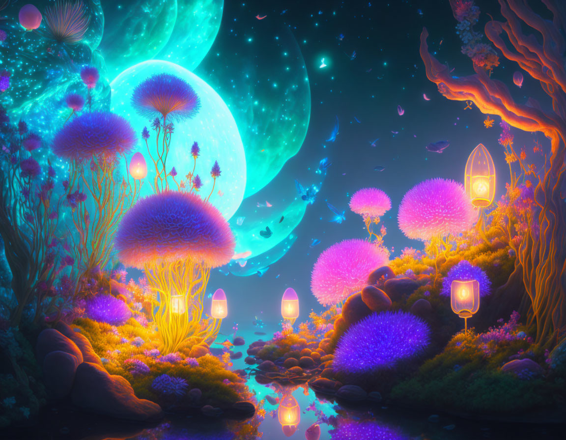 Fantasy landscape with glowing jellyfish plants, moon, lanterns & starry sky