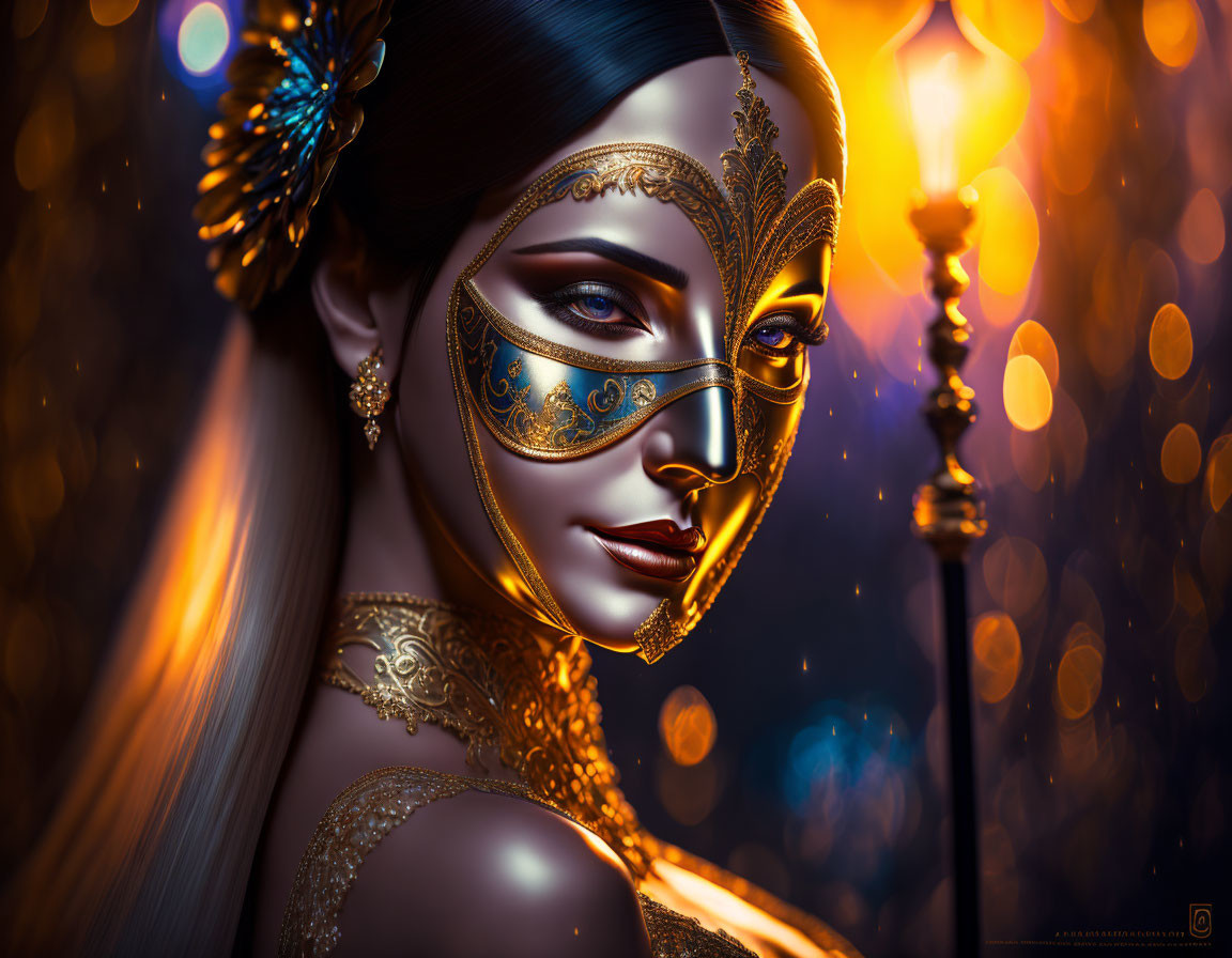 Woman with ornate golden masquerade makeup in warm, bokeh-lit scene