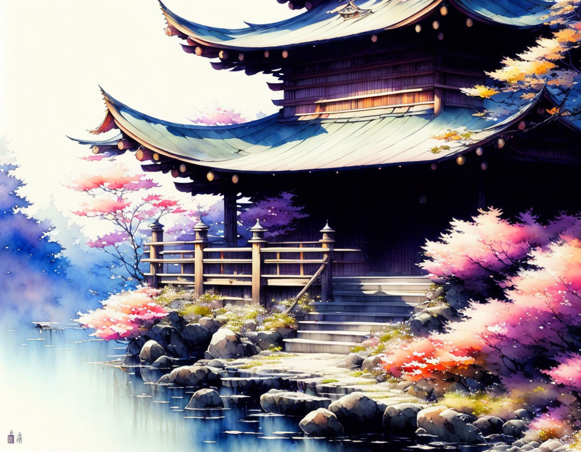 Colorful Watercolor Painting of Traditional Pagoda and Blossoming Trees