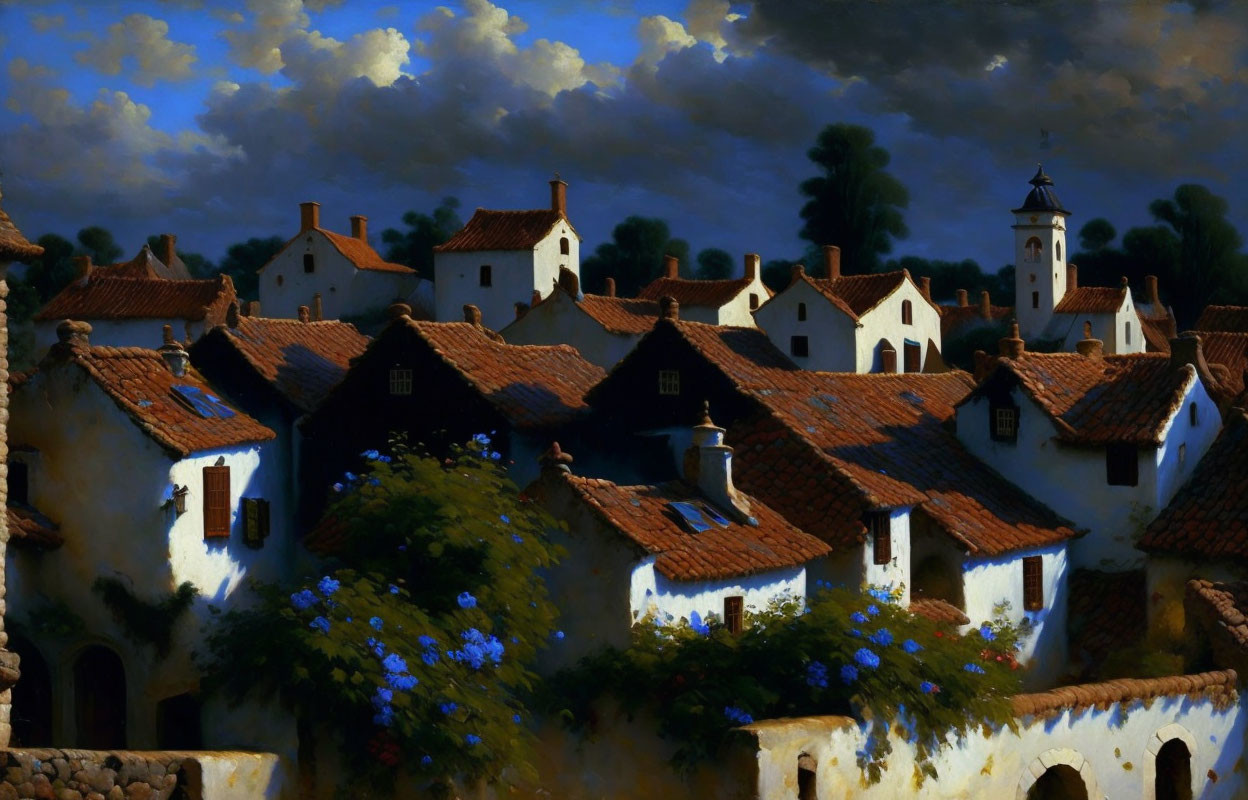 Picturesque village with white houses, terracotta roofs, and blue flowers under dramatic sky.